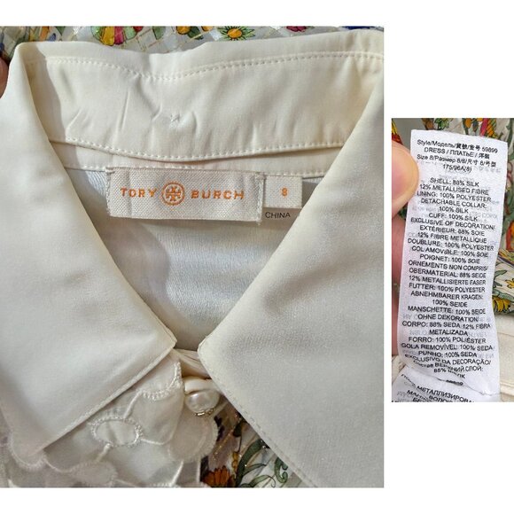 Tory Burch Promised Land Bird Peacock Floral Print Mini Dress Metallic Silk 8 - Picture 3 of 16